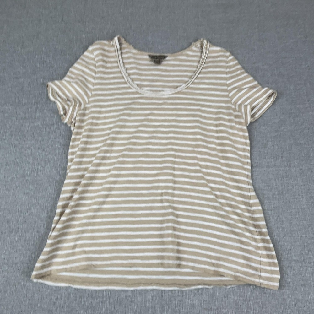 Tommy Bahama Shirt Womens XL Beige Striped Scoop Neck Short Sleeve 100% Cotton